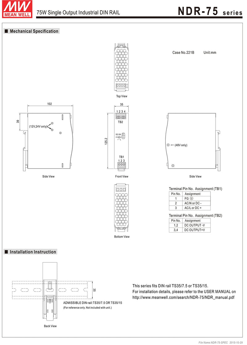 MEAN WELL MW NDR-75-24 24V 3.2A DIN Rail Power Supplies