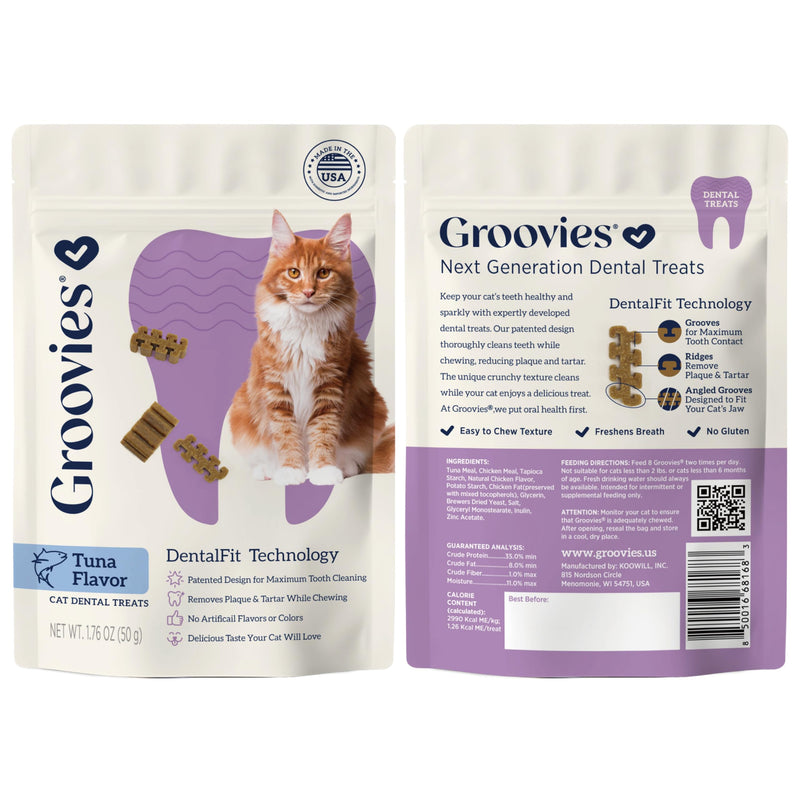 Groovies Cat Daily Dental Treats. Tasty, Crunchy Bites Cats Love. Powered by USA-Patented DentalFit Tech. No Gluten or Artificial Flavors or Colors. 1.76oz Each bag - (2 pack) of (1)Salmon & (1)Tuna Salmon & Tuna 1.76 Ounce (Pack of 2)
