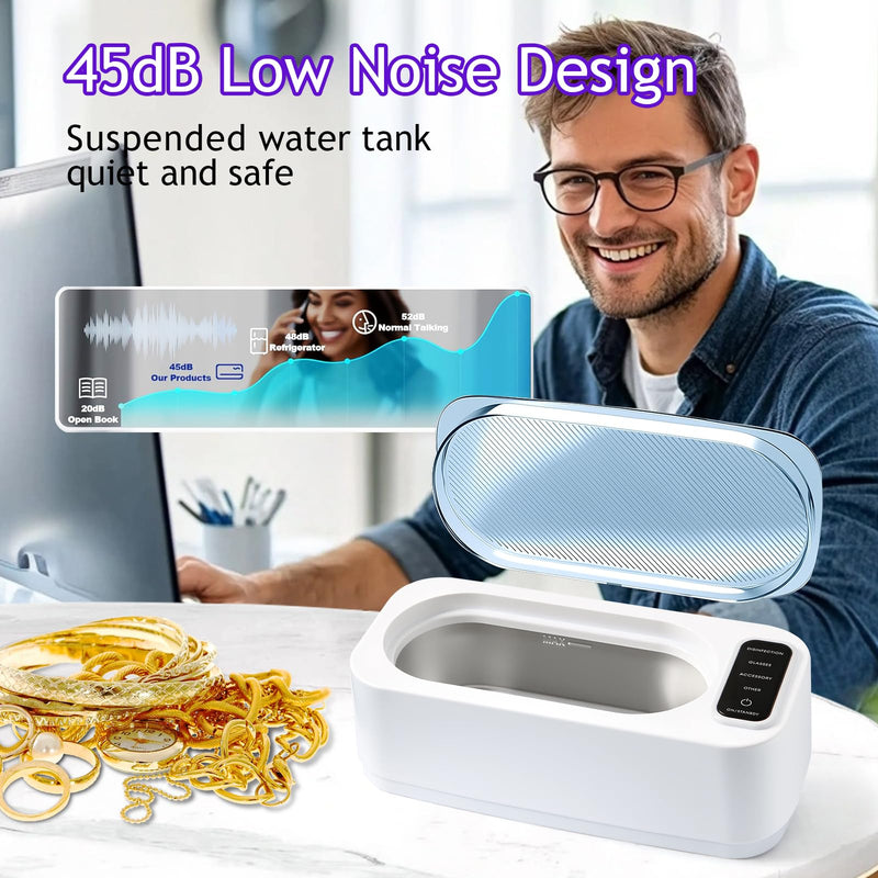 Ultrasonic Jewelry Cleaner Machine: 48KHz Ultra Sonic Cleaner for Jewelry,Rings,Eyeglass,Dentures,Watch Band with 4 Cleaning Modes,350ML 304 Stainless Steel Tank,Gift for Wife,Mom,Daughter