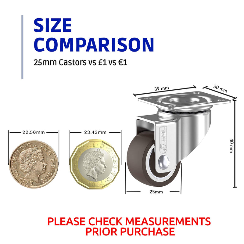 GBL 1" Small Caster Wheels with 2 Brakes + Screws - 90Lbs - Low Profile Castor Wheels with Brakes - Set of 4 No Floor Marks Silent Casters - Mini Wheels for Cart and Furniture