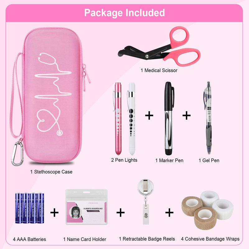 BOVKE Stethoscope Case Kit, 15 Pcs Tool Set Perfect Nurse Gift Include Stethoscope Case, Medical Scissor, Bandage Wraps, 2 Penlights with Batteries, Bandage Holder for Nurses, Pink