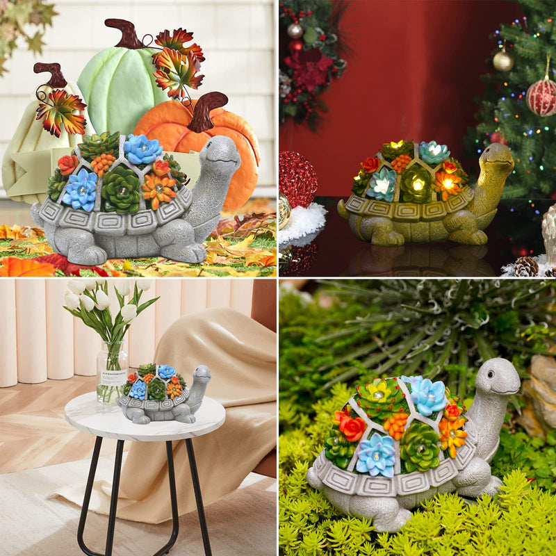 Nacome Solar Garden Outdoor Statues Turtle with Succulent and 7 LED Lights - Lawn Decor Tortoise Statue for Patio, Balcony, Yard Ornament - Unique Housewarming Gifts Grey Turtle