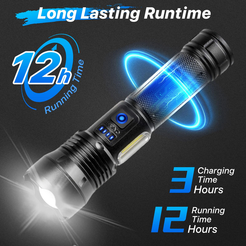 THY TRY Rechargeable Flashlight 90,000 High Lumens, 2 Pack Bright Flashlights with 7 Modes, Powerful Flash Light for Home, Hiking, Camping