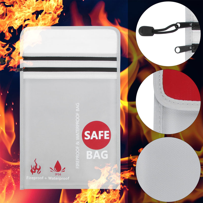 Fireproof Document Bag (2000℉) Upgraded 2 Pockets, GEMEK 15”x 11” Fireproof and Waterproof Money Bag Fireproof Safe Storage for Money, Documents, Jewelry and Passport (Silver - 2 Zipper) Silver - 2 Zipper