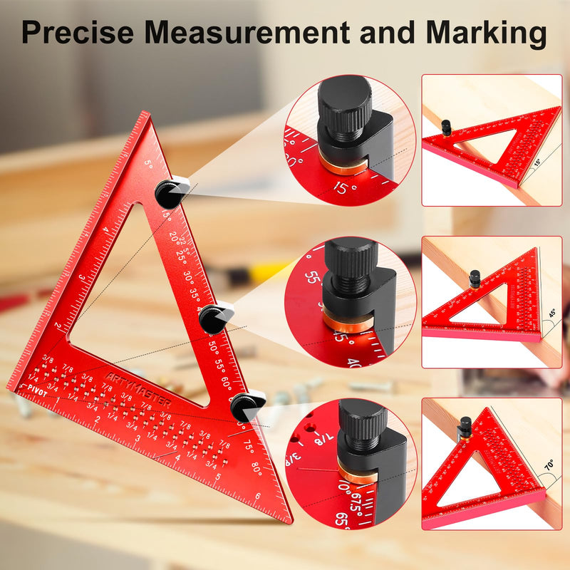 7 inch Carpenter Square, 1/16" Precision Hole Scribing Square Tools, 0-90° Aluminum Alloy Rafter Square, Woodworking Square with Stair Gauge & Carpenter Pencils 12 Refills AM13F Imperial: 7 inch Square+Pencil+Stair Gauge US