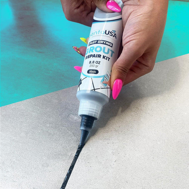 PentaUSA Tile Grout Repair Kit - Black Grout Filler, Triple Protection, Fast Drying Formula Restores and Renews Grout Lines with Grout Float (Black, 8.8oz / 250gr)