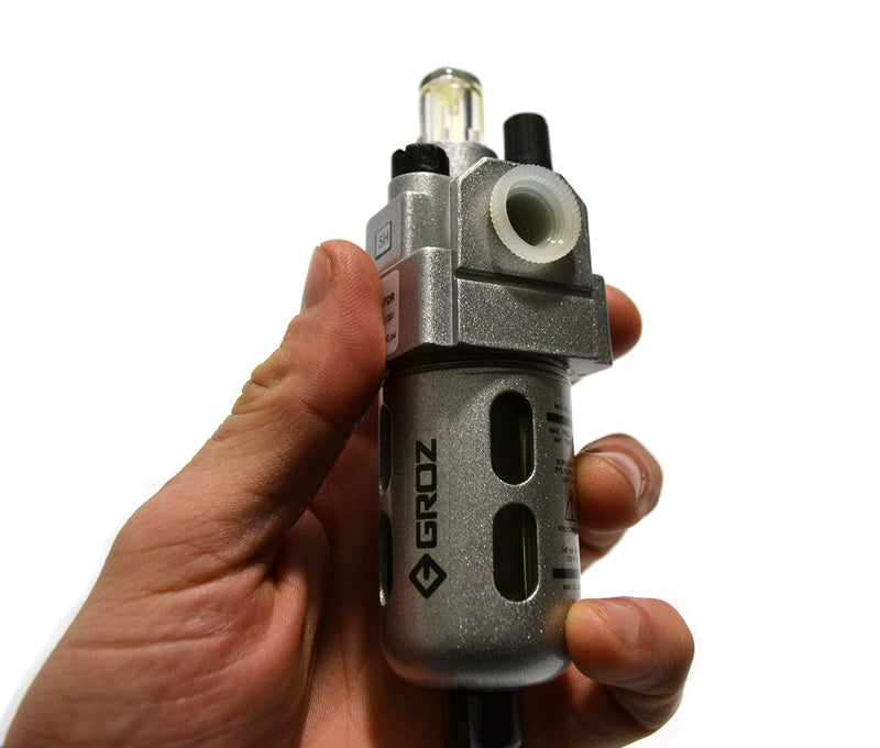 Groz Miniature Air Line Lubricator, 1/4" NPT, Fog/Micro-Mist Type, 48 CFM Max Flow, 145 PSI, Polycarbonate Bowl with Steel Guard, Die-Cast Aluminum Head, ISO 6301-1, 100% Factory Tested (60251)