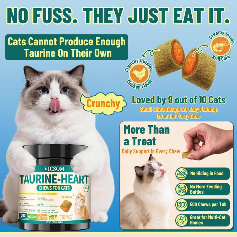 Cat Taurine Supplement & Seasonal Skin Comfort Drops Bundle, CoQ10 + Omega-3 Crunchy Chews for Heart, Eye & Muscle Support, Chicken Flavor, 500 Chews + 60ml Liquid Drops for Cats
