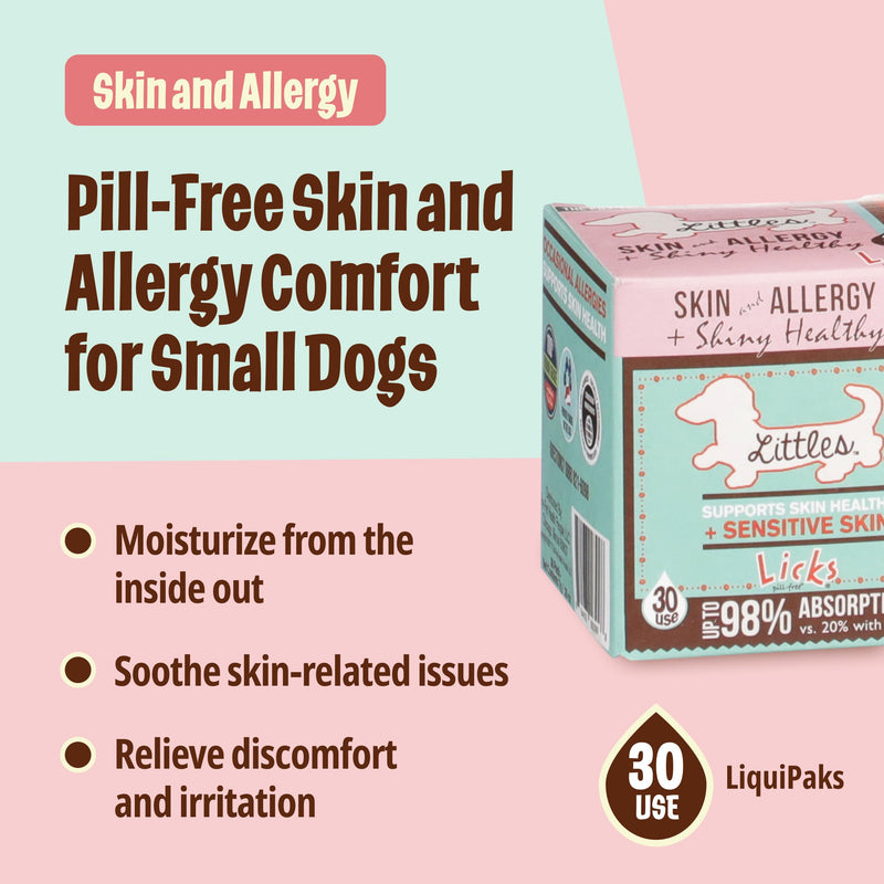 Licks Littles Skin & Allergy - Skin, Coat & Seasonal Allergy Support for Dogs - Omega 3, Turmeric, Inositol & Vitamin C - Pill-Free Gel Packets - Fish Flavor - 30 Packets 30 Count (Pack of 1)