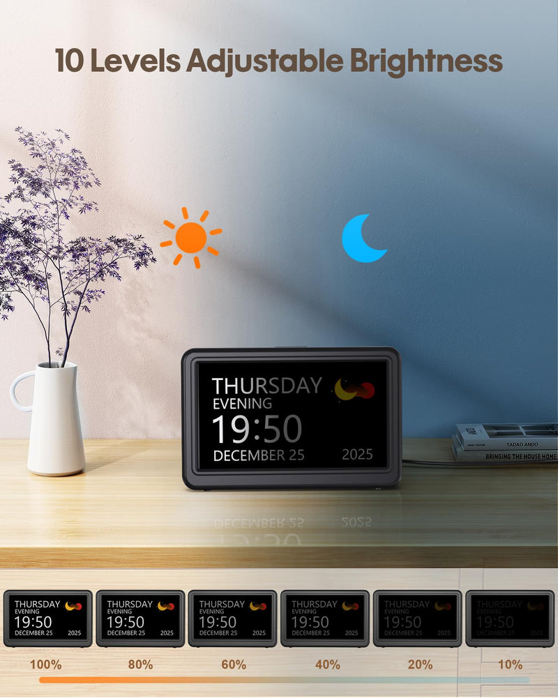 Clock with Day and Date for Elderly, 7" Large Display Digital Calendar Day Clock with 20 Custom Alarms and Medicine Reminders, Dimmable Dementia Alzheimers Clocks for Seniors, Black (Ac Powered) AC Powered