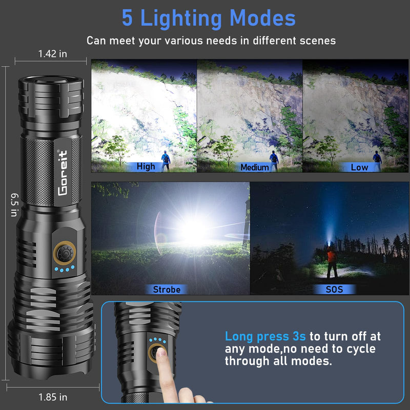 Flashlights LED High Lumens Rechargeable, Goreit 20,000 Lumens XHP70.2 Super Bright Flashlight, Flash Light Battery Powered, Powerful Handheld Flashlight with holster for Emergency Camping Hiking Gift Black