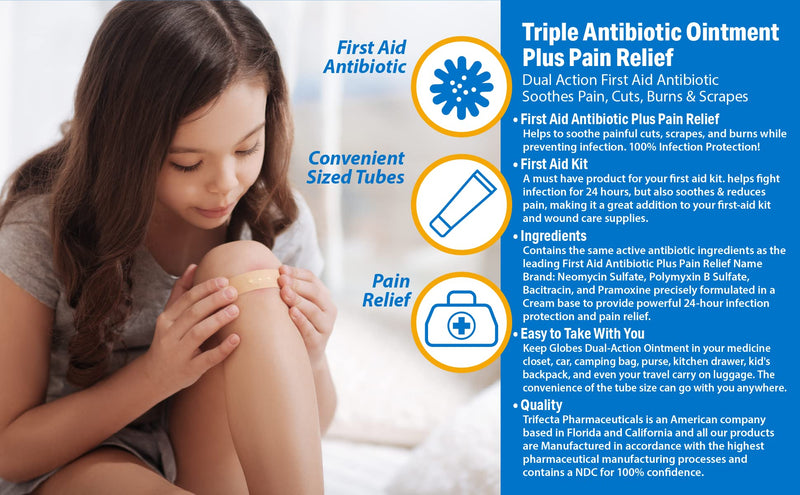 Globe (4 Pack Triple Antibiotic + Pain Relief Ointment 1oz, First Aid Antibiotic, Soothes Pain, Cuts, Burns and Scrapes 24 Hour Infection Protection