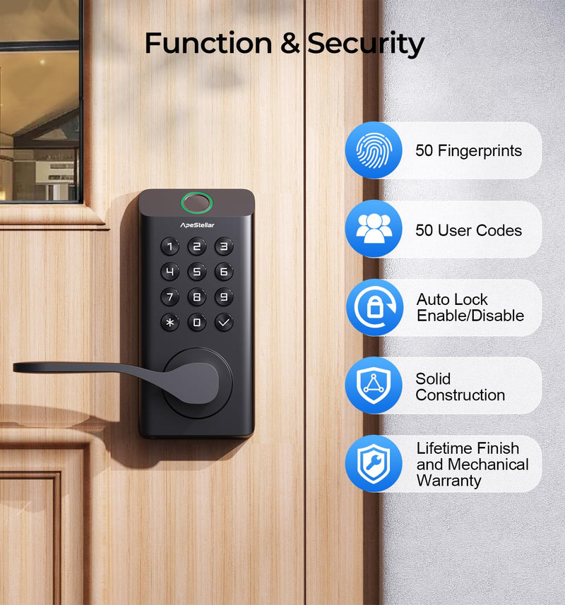 Fingerprint Keyless Entry Door Lock, Biometric Door Knob with Handle, Keypad Digital Code Lock for Front Door, Superior Durability & Voice Guidance, Matte Black