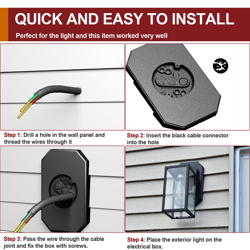 2 Pack Siding Mounting Block for Light, Lamp Repair Kit with Built-in Electrical Box - Fits 1/2" Lap/Double 4" Vertical, Vinyl Siding Hooks for Hanging Outdoor Lamp, Black 1/2 Inch Lap Siding Black-2 Pack 2