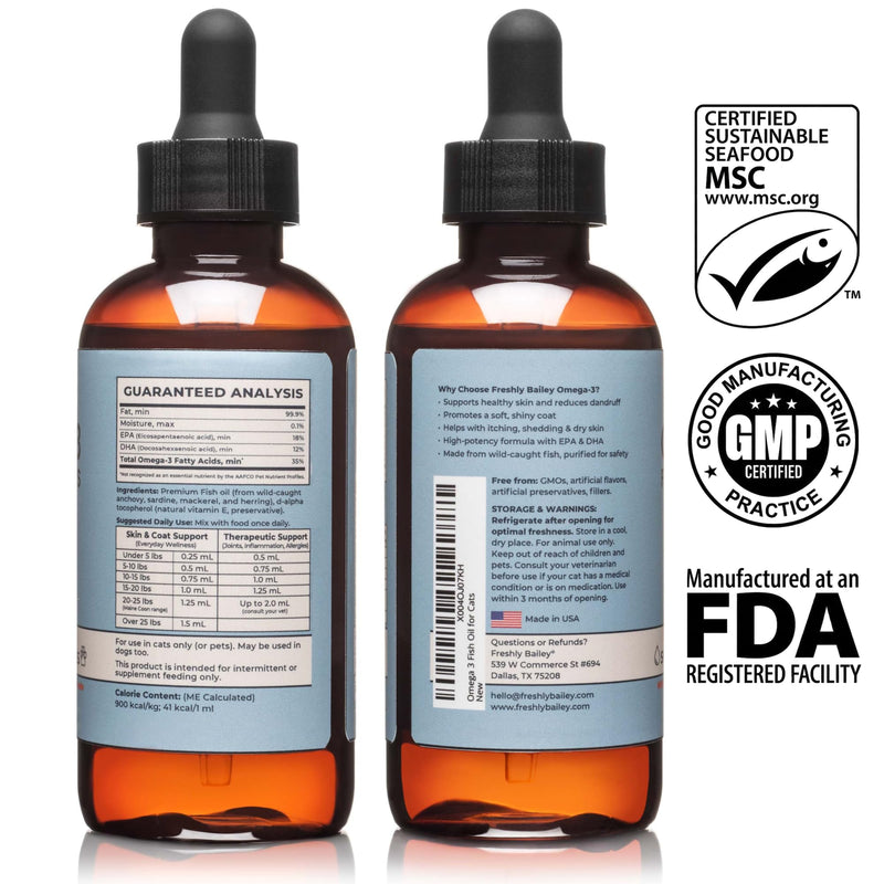 Omega 3 Fish Oil for Cats from Wild Caught Fish - Promotes Healthy Skin, Shiny Coat, & Strong Joints - Minimizes Cat Dandruff - 4 oz Approx. 157 Servings - Human-Grade Clean Ingredients
