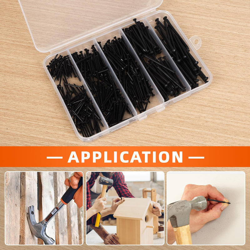 5 Sizes Hardware Nails Assortment Kit, Flat Nails for Picture Wall Hanging, Wood Nails, Common Nails Hanging Nails, Black, 400 PCS