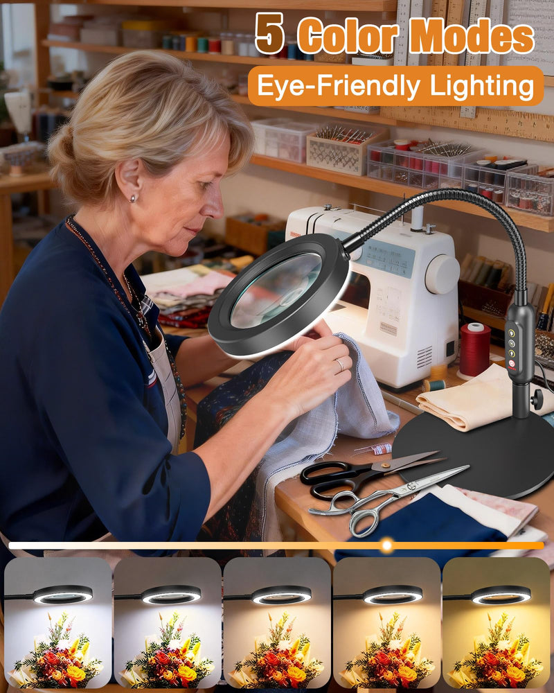 30X 10X Magnifying Glass with Light and Stand, 5 Color Modes Stepless Dimmable, Optical Grade HD Lens, LED Lighted Magnifier Hands Free with Flexible Gooseneck for Close Work, Craft, Hobby, Painting Black