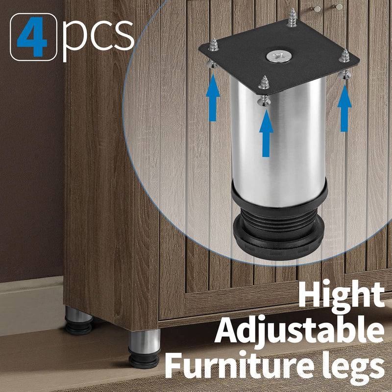 4 Inch Metal Furniture Legs Stainless Steel Adjustable Legs Silver Table Legs Round Cabinet Legs for Coffee Table Cabinet Desk Sofa Shelves, Pack of 4 4"