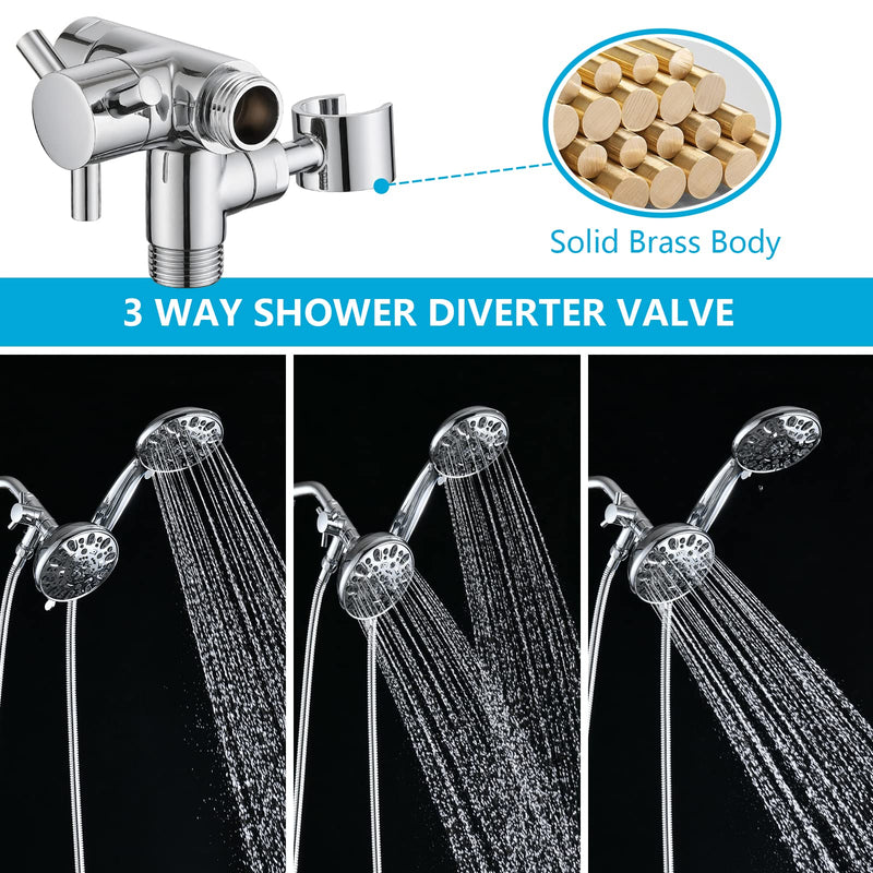 PDPBath Solid Brass 3 Way Shower Arm Diverter Valve with Handheld Holder for Dual Shower Heads with G1/2 Universal Connection - Chrome