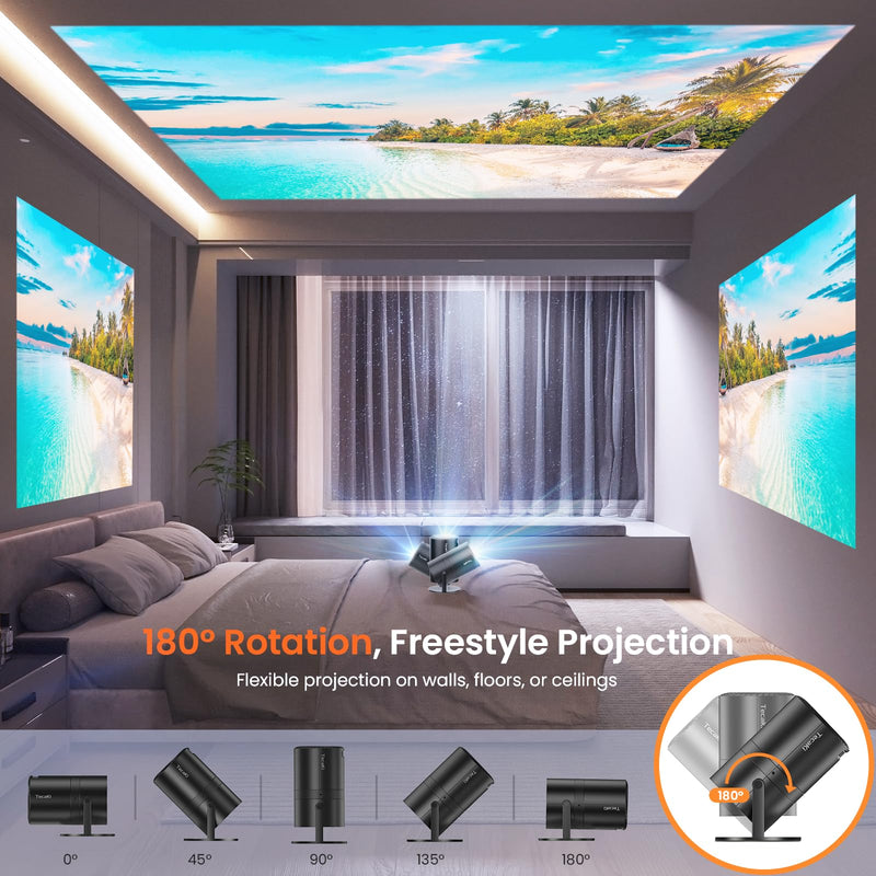 [Two-Way Bluetooth 5.2] Mini Portable Projector 1080P HD Multi-Angle Projection, Tecaki Smart Projector with 180°Rotatable Stand Auto Keystone Correction Long Lens Life for Home Theater Outdoor