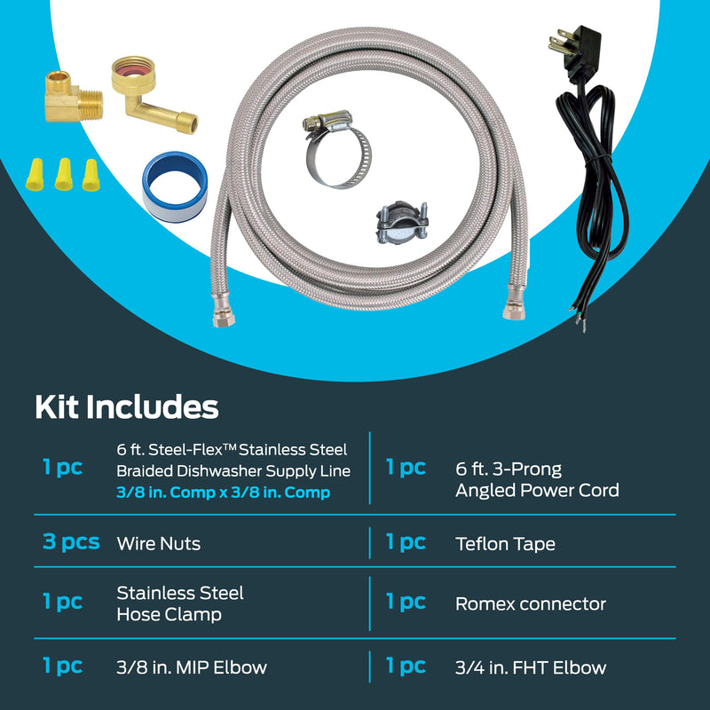 Eastman Dishwasher Installation Kit, 6 Foot Supply Line, 3/8 Inch x 3/8 Inch Compression, 6 Foot 3-Prong Straight Power Cord, Braided Stainless Steel Dishwasher Connectors, 41150 Straight cord