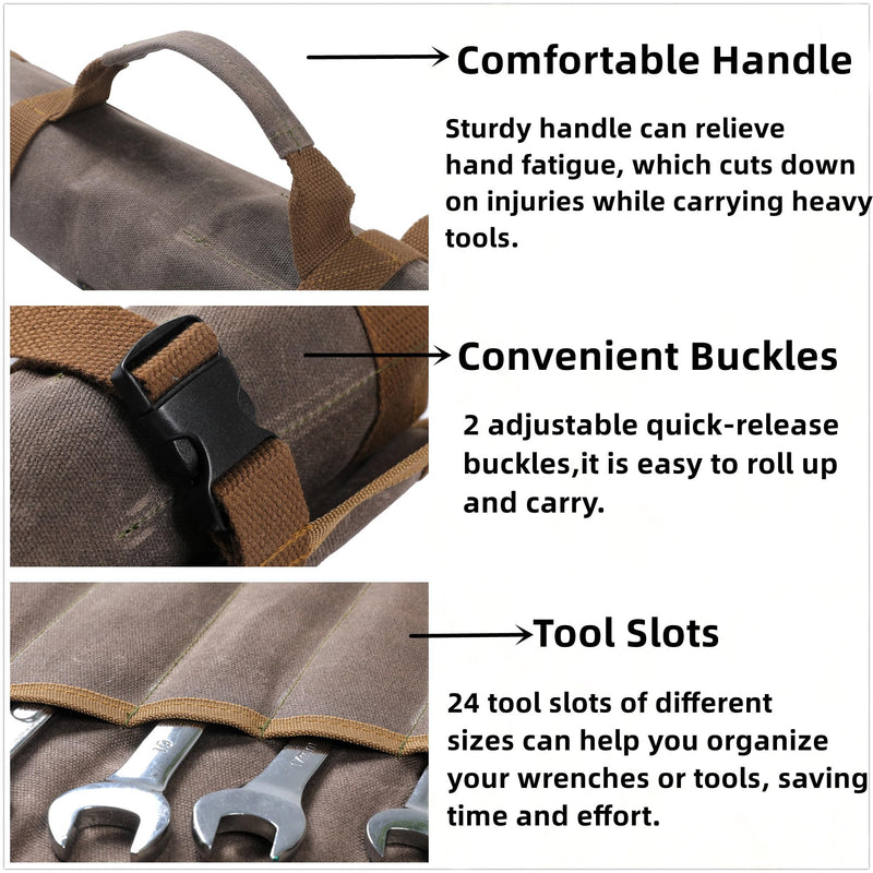 Heavy-Duty 16oz Waxed Canvas Wrench Roll Organizer 24-Pocket Tool Roll Bag with Buckle Closure | Large 21.5" x 16.5" Tool Pouch for Mechanics, Contractors & DIY (Grey) Grey