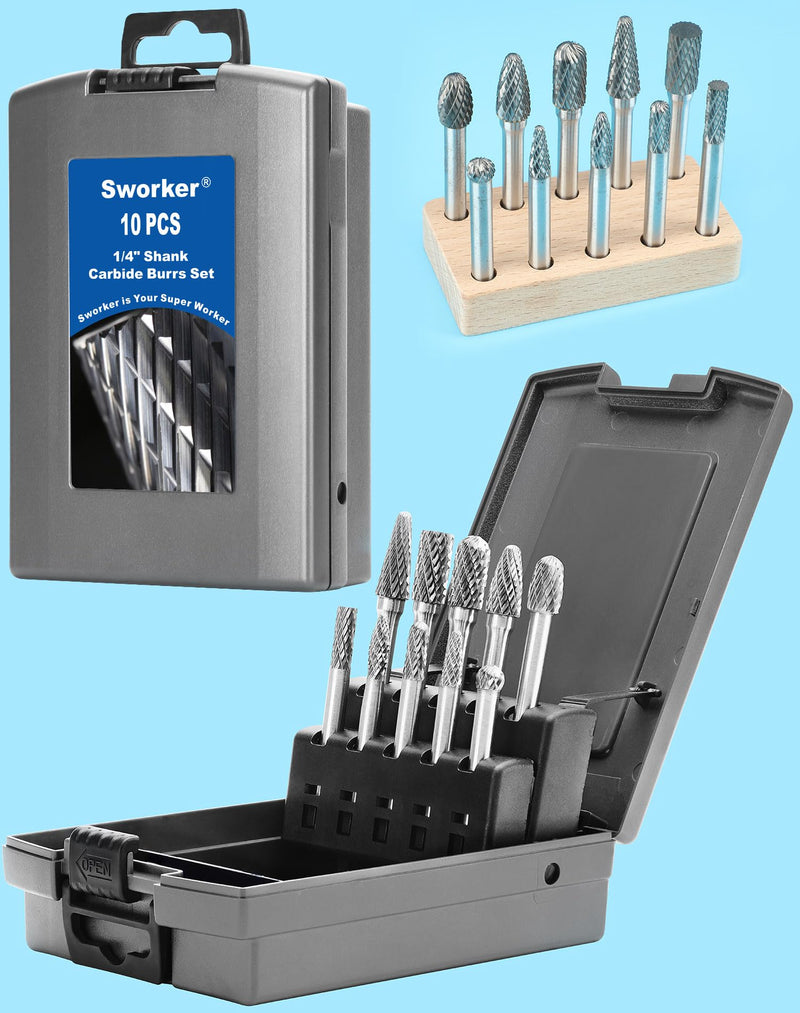 10 Pcs Carbide Burr Set 1/4 Shank w/Beech Holder and Case Die Grinder Grinding Drill Bits for Metal Wood Stone Weld Deburring Rotary Tool Attachment Accessories Rasp Compatible with Milwaukee DeWALT