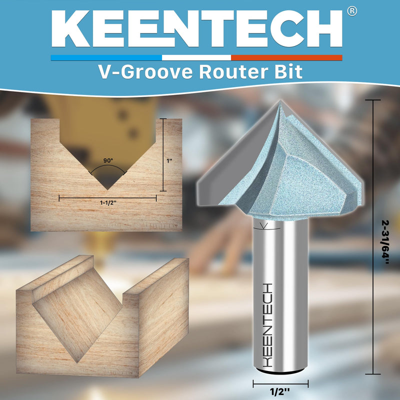 KEENTECH Router Bits, Carbide Tipped 90-Degree V-Groove Router Bit for Grooving, Industrial Grade Cutting Tools for Woodworking (1/2 Inch Shank x 1-1/2 Inch Diameter x 1 Inch Depth, KT03012408) 1/2"(Shank)*1-1/2"(Dia.)*1"(Depth)