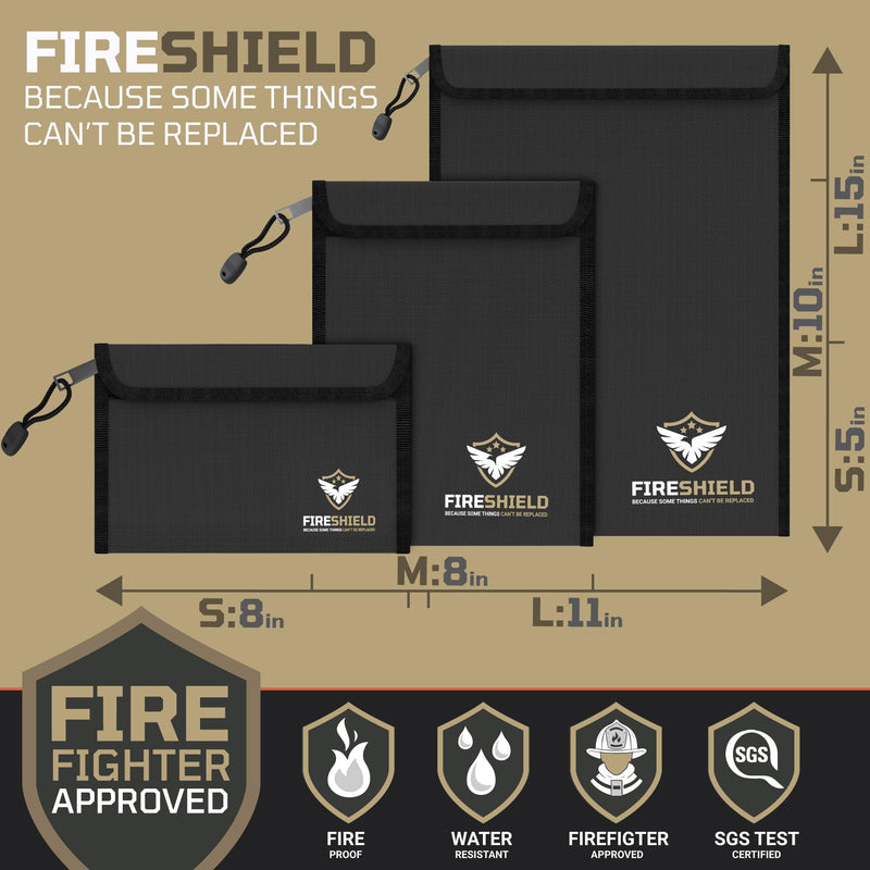 FIRESHIELD PRO Upgraded 2000°F Fireproof Document Bag 3-Pack – Fire & Water Resistant Money Pouch for Cash – Safe Storage for Family Photos, Jewelry, Passport & Important Documents – Size: S, M & L Small, Medium, Large