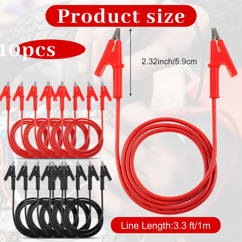 10 Pcs Alligator Clips Test Leads, 3.3 Ft/1m Jumper Wires, 1500V 15A Dual Ended Electrical Test Wires with Insulated PVC Shell, Red and Black