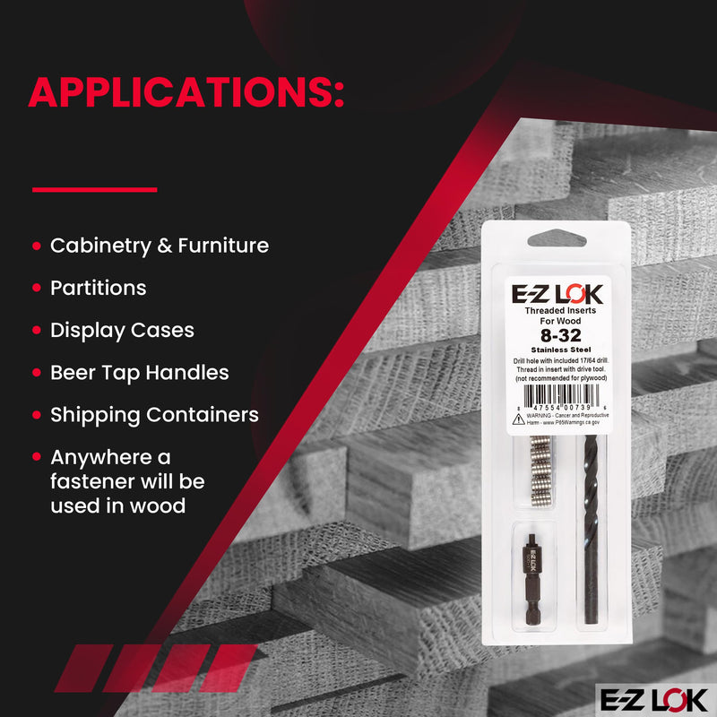 E-Z LOK 400-008-CR Thread Installation Kit for Hard Wood Stainless Steel Threaded Inserts 8-32 (10), Drill, Installation Tool