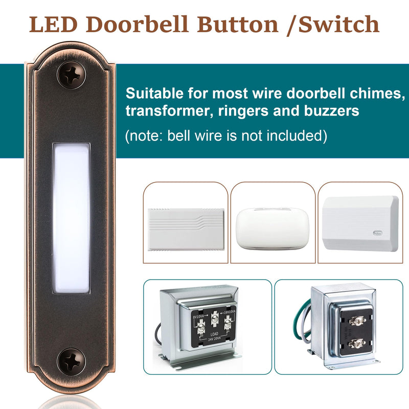 Metal Lighted Doorbell Button, Heavy Duty Metal Wired Door Bell Push Button LED Door Chime Wall Mounted Doorbell Switch Replacement for Home Universal Garage Door Opener Switch, White Light(Bronze) Bronze