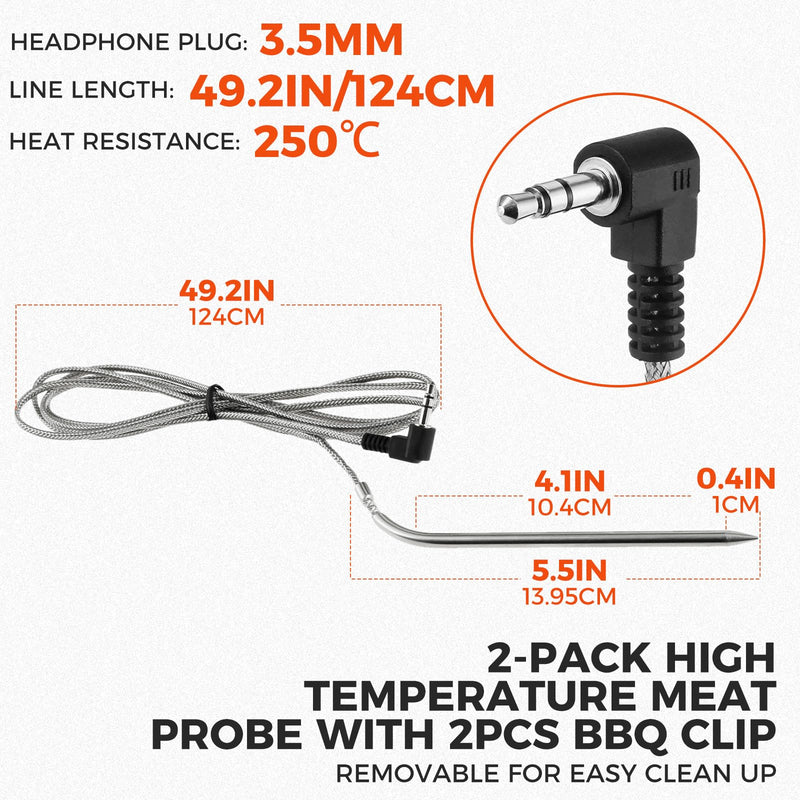2 Pack High Temperature Meat Probe Replacement for Camp Chef Wood Pellet Grills, Smoker Grill Temperature Sensor, 3.5 Mm Plug, with 2 Pcs Grill Holder Clips, Silver