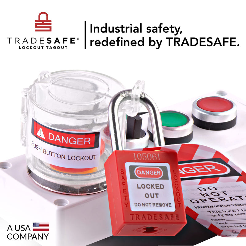 TRADESAFE Emergency Stop Button Cover Lockout - Round Transparent Push Button Switch Cover, 7/8-inch up to 1-1/2 inch Hole Diameter, 3-Piece Push Button Lockout 3 piece set - Round Type