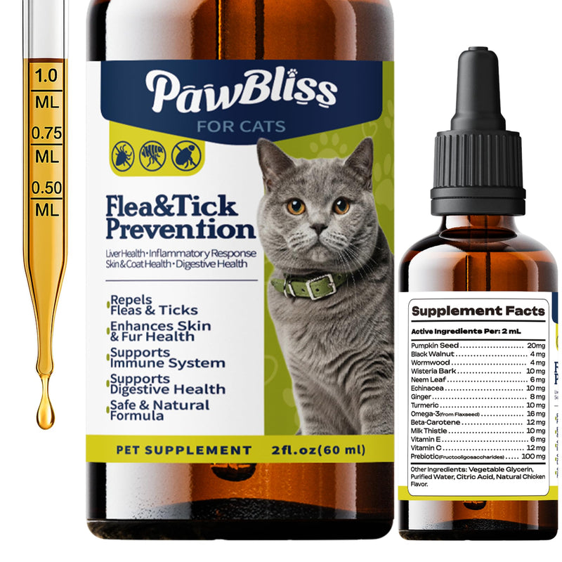 Flea and Tick Prevention for Cats, Pets Oral Natural Supplement Drops with Multivitamin Support for All Breeds and Ages