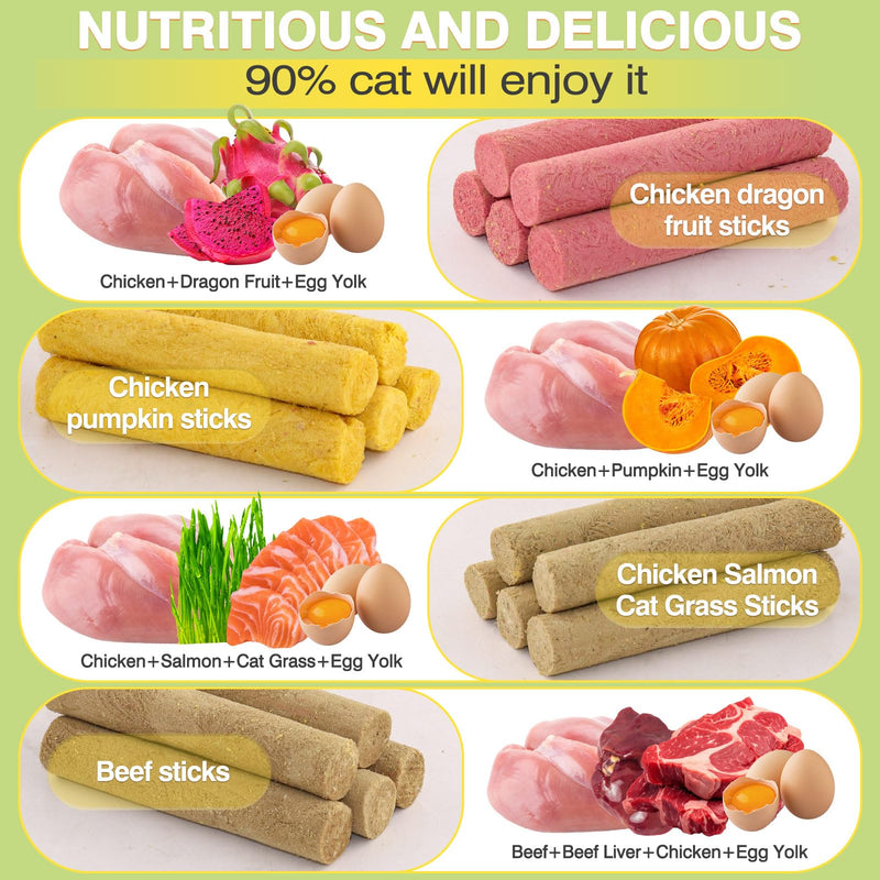 4 Flavor/110g Freeze-Dried Cat Treats,Chew Sticks for Dental Health,Hairball Control & Digestive Support (Beef,Cat Grass Salmon,Chicken Pumpkin,Chicken Dragon Fruit)