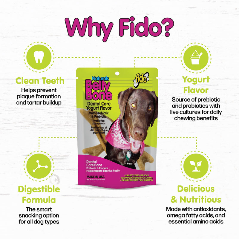Fido - Belly Bones for Dogs, Yogurt Flavored Large Dog Dental Treats - 4 Treats Per Pack (3 Pack) - for Large Dogs (Made in USA) - Plaque and Tartar Control for Fresh Breath, Digestive Health Support