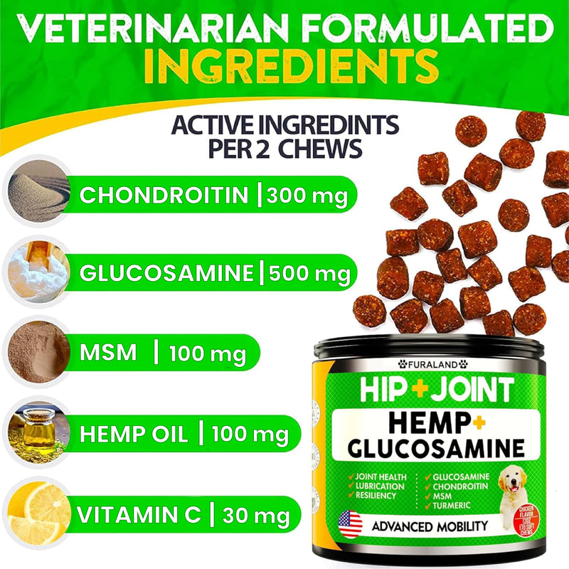 Hemp Hip and Joint Supplement for Dogs - Glucosamine for Dogs - 170 Dog Joint Pain Relief Treats - Chondroitin, Hemp Oil, MSM - Mobility & Flexibility Support - Advanced Care Health - Made in USA 170 Soft Chews