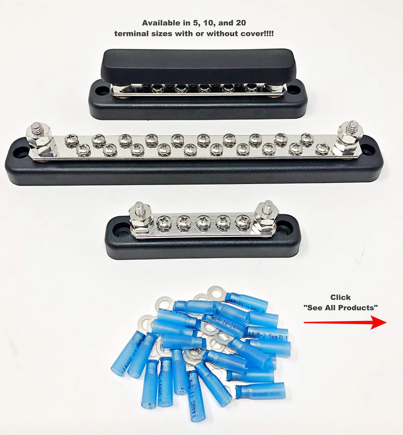 10 Terminal Bus Bar Kit for Power and Ground Distribution - Heat Shrink Ring Terminals and Cover Included 10 Terminal W/Cover Black