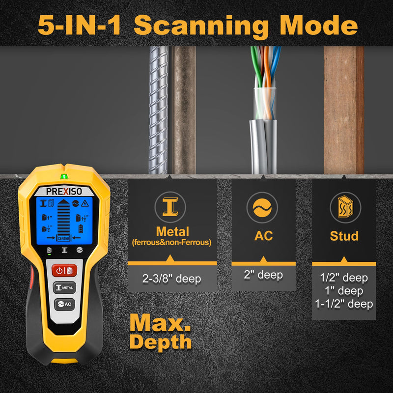 PREXISO Stud Finder Wall Scanner 5-in-1 Wall Stud Finders & Scanners, Stud Finder Tool with LED Indicator for Center Finding, Wood Ac Wire Metal Joist Pipe Stud Detector