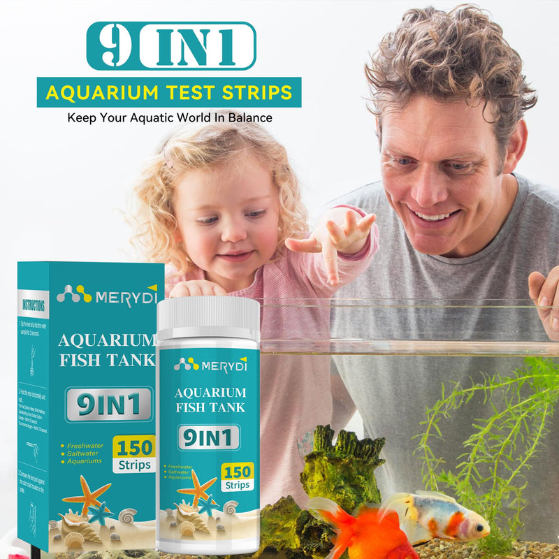 Aquarium Test Strips, 9 in 1 Fish Tank Test Kit for Freshwater Ponds, 150 ct Quick & Accurate Water Testing Iron Copper Sodium Chlorine Nitrate Nitrite Total Alkalinity Hardness Free Chlorine pH 9 IN 1 aquarium test strips