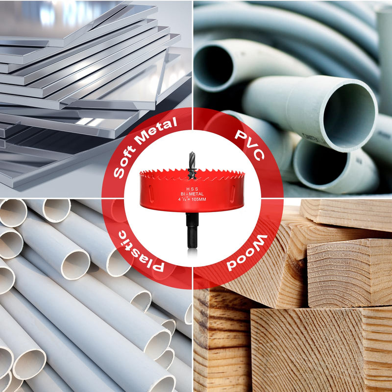 Hole Saw 4 1/8” (105mm) for Wood and Plastic, HSS Bi-Metal Hole Cutter Core Drill Bit for Drywall, PVC Boards, Fiberglass and Vent Pipes Red 4-1/8"(105mm)