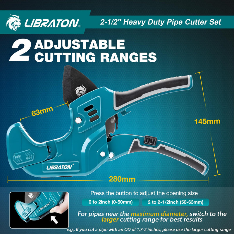 Libraton PVC Pipe Cutter, Up to 2-1/2", Ratchet Pipe Cutter Tool for PEX, PVC, PPR Plastic Hoses Plumbing, Heavy-Duty Pipe Cutter with Deburring Tool Replacement Blade, 2 Adjustable Cutting Ranges 2-1/2"(63mm)