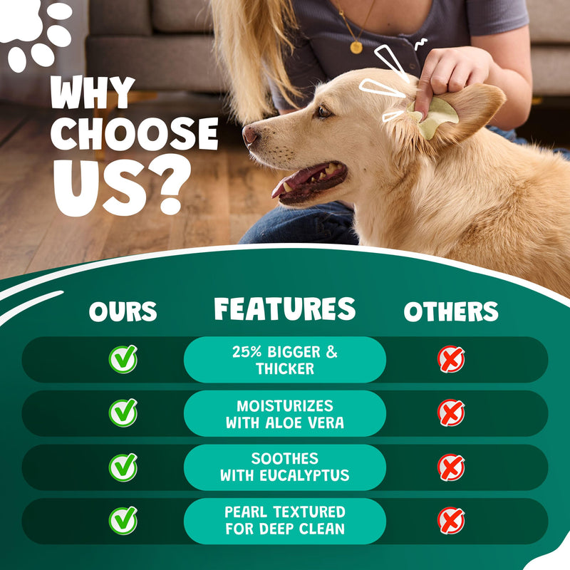 Dog Ear Wipes for Dogs | Extra Thick with Aloe Vera & Eucalyptus | 125 Count | Hypoallergenic Ear Cleaner for Dogs with Pearl Texture for Deeper Clean | Scrubby Pet Aloe Vera + Eucalyptus - PawsPlanet Australia