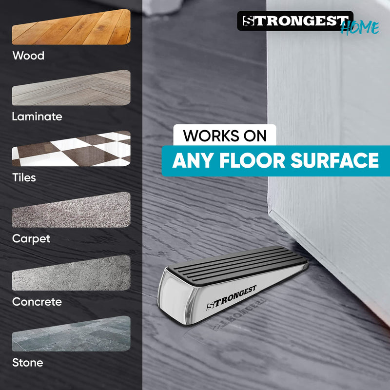 Strongest Home Door Stopper, Heavy Duty Door Stop Wedge Made of Premium Quality Zinc and Rubber Suits Any Door, Any Floor, Plus Set of 2 Self-Adhesive Wall Bumpers Black Silver 2 Pack