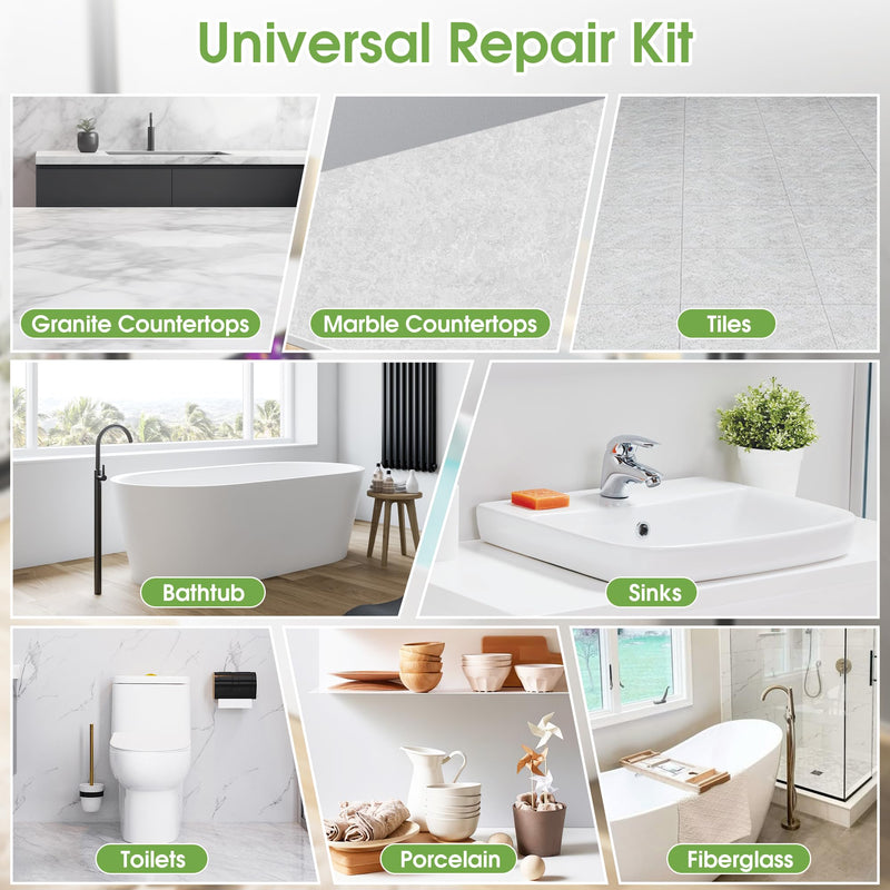 Bathtub Repair Kit White for Tubs, Fiberglass Showers, Tiles, Sinks & Countertops, Fix Chips, Cracks, Holes, Scratches on Porcelain, Enamel, Acrylic, Granite, Ceramic, Quartz Surfaces