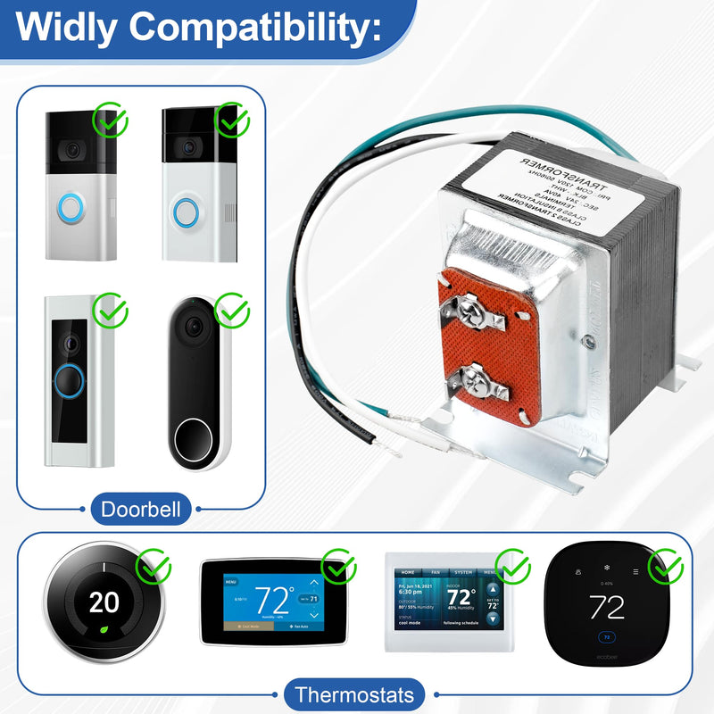 Doorbell Transformer 24V 40VA for Ring Video Doorbells, 24 Volt Hardwired Door Chime Transformer Power Supply Compatible with Ring, Nest Hello, Wyze and Eufy Video Doorbells and Any Wired Door Chime