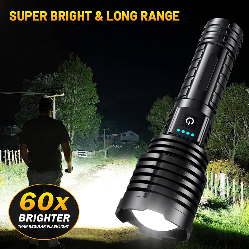 Rechargeable Flashlights 5000.000 High Lumens,Super Bright LED Flashlight for Home Emergency, Waterproof Handheld Flashlights with Pouch, 5000mAh Battery, Spotlight and Floodlight Function