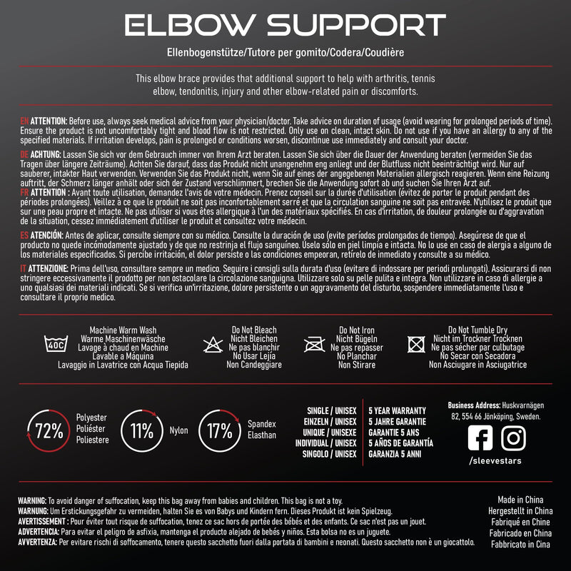 Sleeve Stars Tennis Elbow Brace for Men & Women, Tendonitis Elbow Brace & Strap Golfers Elbow Brace Counterforce Band for Tendon Pain Relief & Support for Forearm w/ 3 Straps Fits 9-23" (Single/Black) One Size Black 1