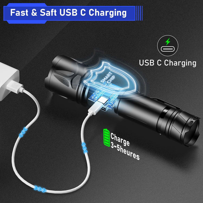JAY-PARK High Lumen Flashlight - 100000 Lumens, Rechargeable 5000mAh with LCD Display, Zoomable Long Beam (3000m), IP67 Waterproof, 5 Modes & Belt Clip - for Camping, Dog Walking Black